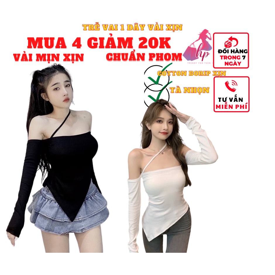 áo kiểu nữ bẹt trễ vai tay dài phối dây chéo tà nhọn vải thun cotton borip mịn xịn sang chảnh phong cách hàn quốc-A42