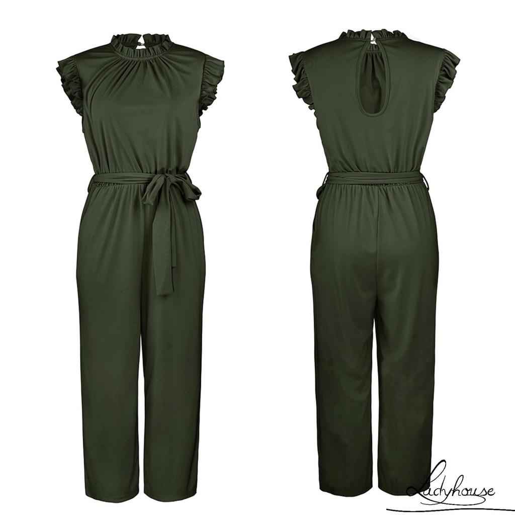 LDD-Female Jumpsuit, Solid Color Crew Neck Sleeveless Ruffle Belted Romper with Pockets for Summer, S/M/L/XL