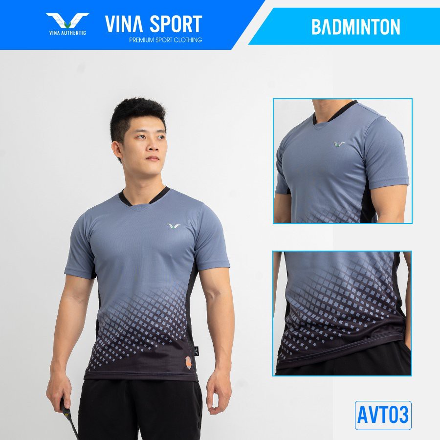 Áo Thể Thao Nam Cổ Tròn AVT03 Vina Sport, Áo Tập Gym Tennis , Chất Thun Thấm Hút Mồ Hôi, Thoáng Mát, Full Size- Lapi VN