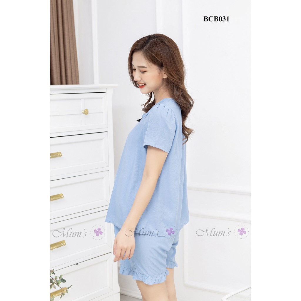 Đồ bộ bầu và sau sinh  FREESHIP  bộ đũi xanh cổ vuông bèo nơ đen cộc tay