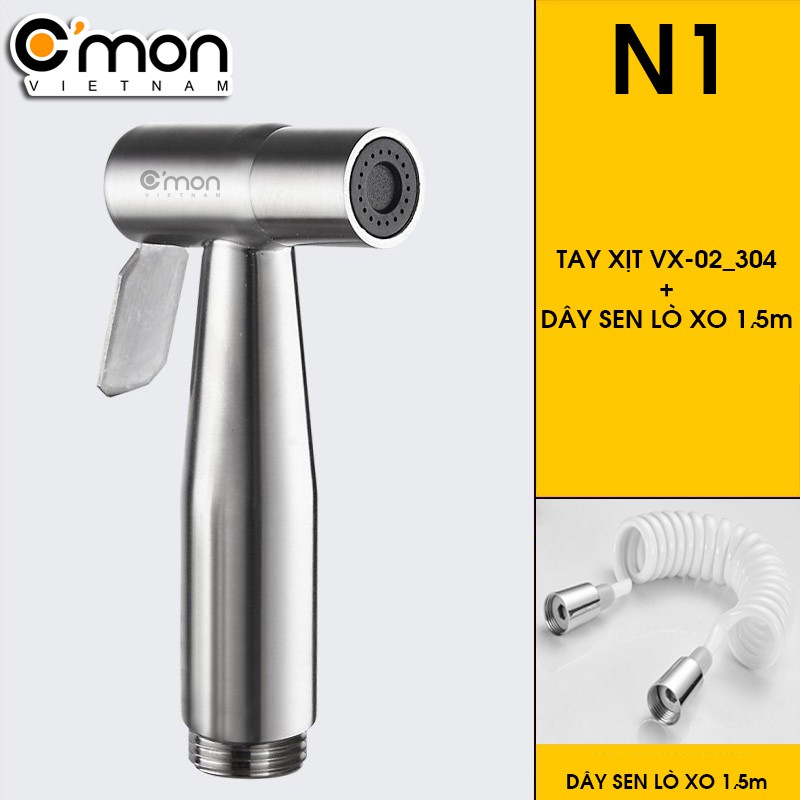 Bộ vòi xịt vệ sinh INOX 304 cao cấp C'MON VX-02-N (dây sen PU lò xo)