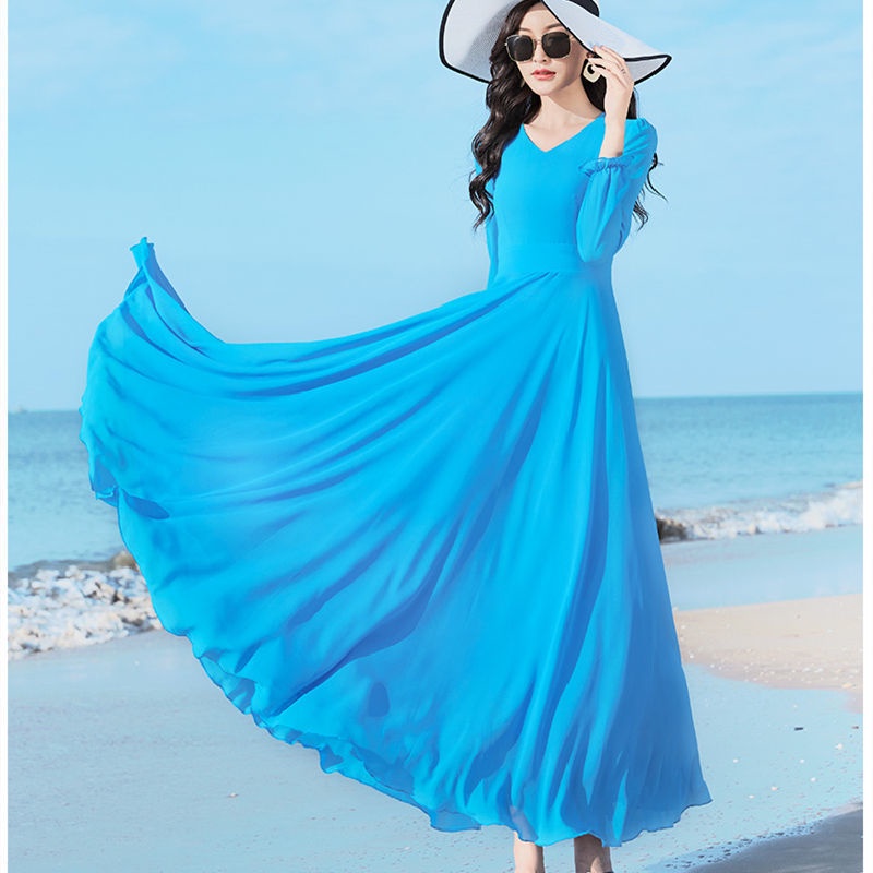 ☞Màu đồng nhất Kích thước lớn Dài tay dài Phong cách ngày lễ Váy đi biển loại A ~ Hai lớp khiêu vũ Váy voan xích đu lớn