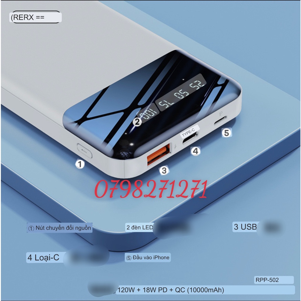 CHÍNH HÃNG  Pin Sạc Dự Phòng tích đíện REMAX RPP - 502 dung lượng 10000mAh PD 20W 18W có màn hình hiện thị % pin