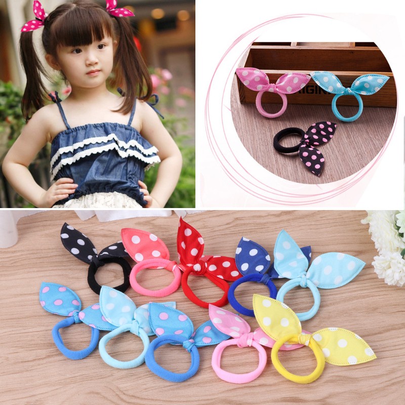 Set 10 Dây Cột Tóc Co Giãn Tai Thỏ Họa Tiết Chấm Bi Dễ Thương Cho Bé Gái