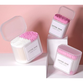 Hộp 200-300 tăm bông ngoáy tai, trang điểm cotton 2 màu Hồng Trắng thân cứng cáp