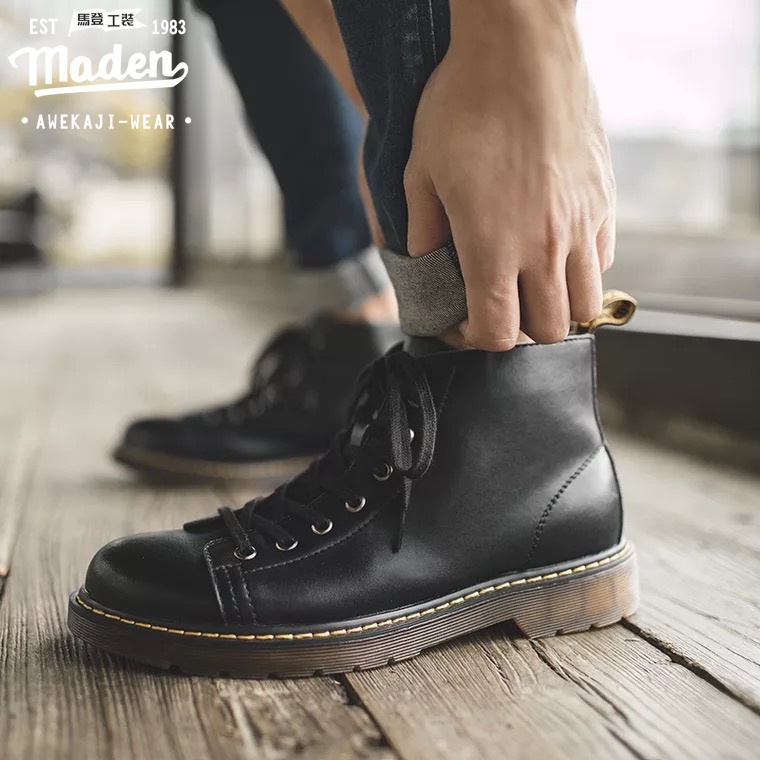 Giày boot Maden phong cách mùa thu màu đen kiểu Tây Âu cổ điển giản đơn đế cao chất lượng cao cho nam