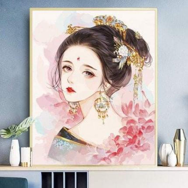Tranh sơn dầu số hóa rẻ,đẹp-tranh tô màu theo số- tranh thiếu nữ, Tặng khăn,có khung 40x50-Moon shop-E2