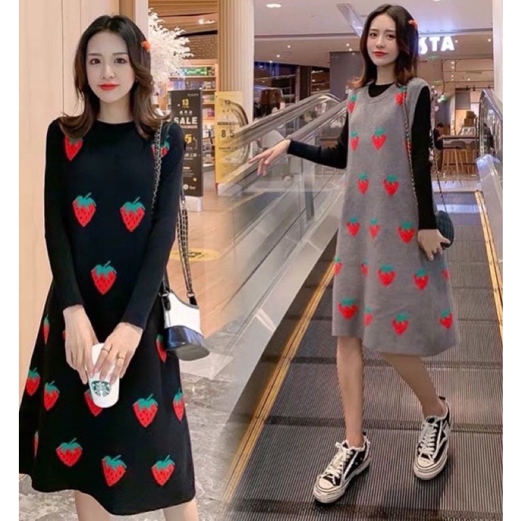 Set len áo+ váy quả dâu siêu xinh cho bà bầu(hàng quảng châu)sẵn set đen