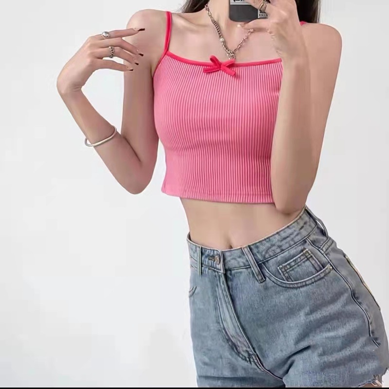 SUXI Áo Croptop Dệt Kim Dáng Ôm Đính Nơ Đơn Giản Thời Trang Mùa Hè Cho Nữ
