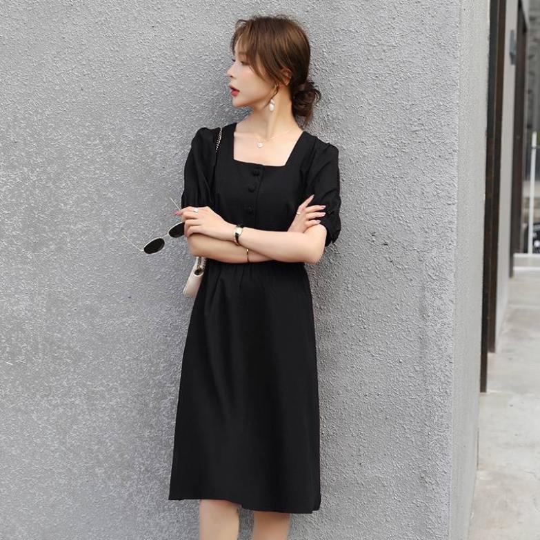 Váy bầu dáng babydoll cổ vuông tay chun xinh xắn kèm dây đai