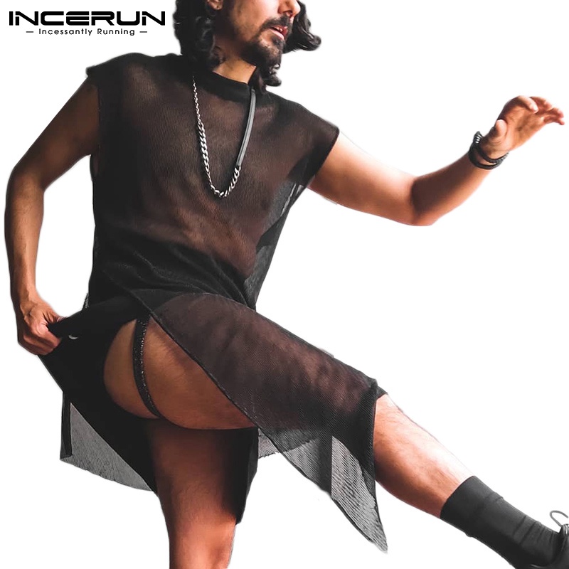 Áo không tay INCERUN màu đen dáng rộng kiểu dáng không đều thoáng khí hợp thời trang cho nam