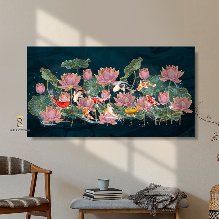 Tranh Canvas | Cửu Ngư Hoa Sen 1FHLANS004 | Tranh Căng Khung Cao Cấp | Tặng Kèm Đinh Đa Năng