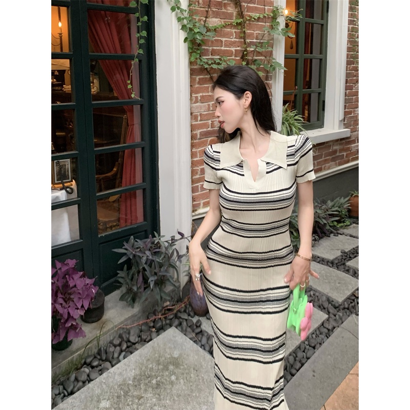 Cocory vn Đầm Dài Tay Ngắn Cổ POLO Họa Tiết Kẻ Sọc Thời Trang Dành Cho Nữ