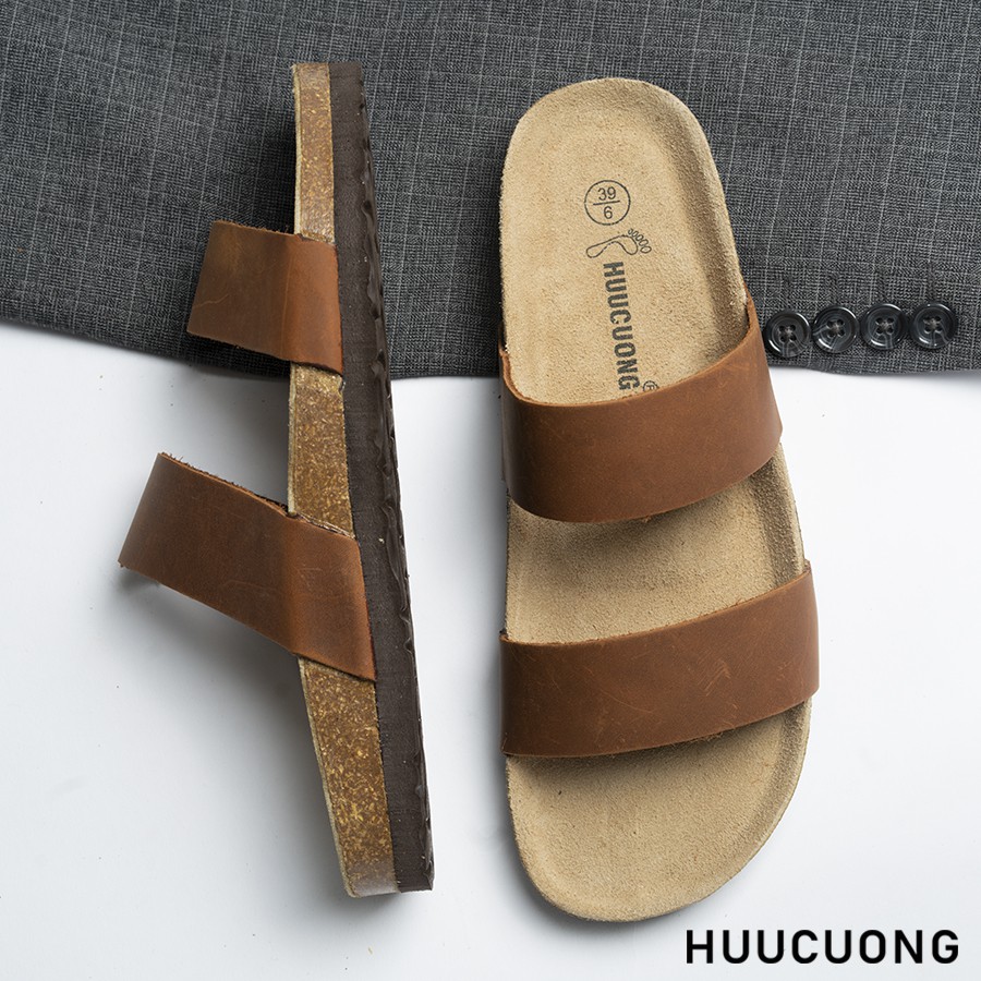 Dép unisex HuuCuong 2 quai da bò nâu đế trấu