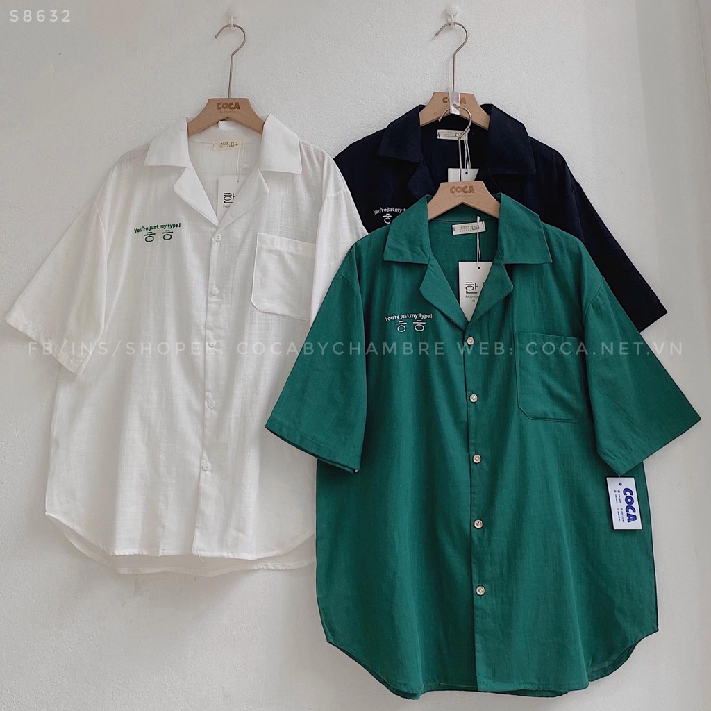 Áo sơ mi vải đũi cổ PIJAMA thêu chữ Hàn Quốc form rộng (Có sẵn/Ảnh thật)