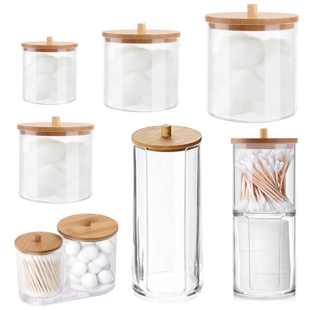 Hộp đựng tăm bông / bông tẩy trang chất liệu tre + acrylic đa năng tiện lợi