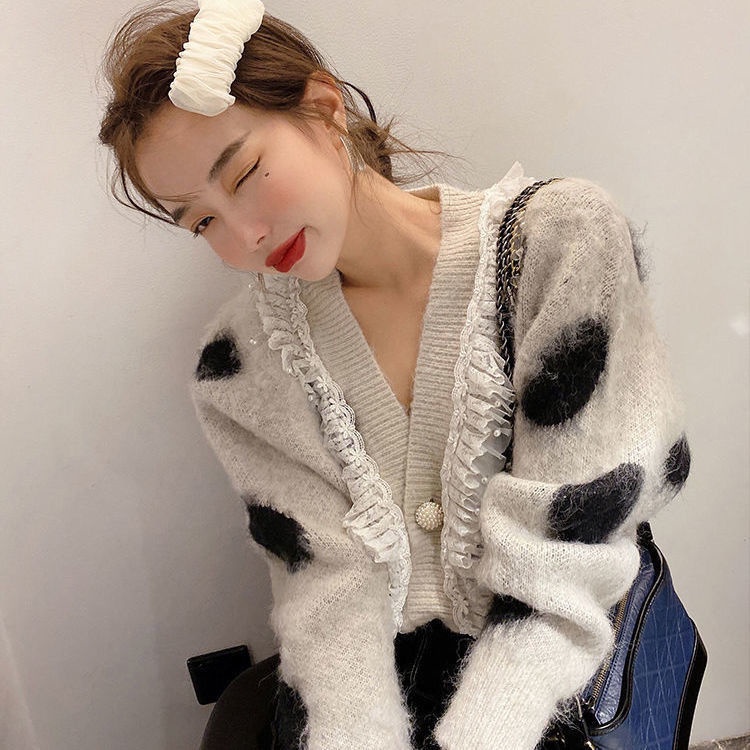 Áo khoác len cardigan ngắn dáng rộng phối ren thời trang mùa thu hàng mới dành cho bạn nữ 2021