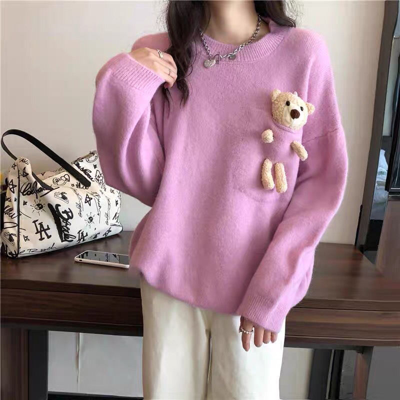 Áo Sweater Dệt Kim Chui Đầu Dáng Rộng Phối Túi In Hình Gấu Kiểu Hàn Quốc Thời Trang Mùa Thu 2020 Cho Nữ