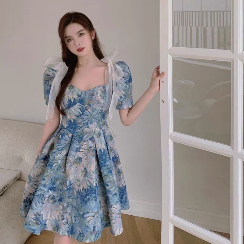 Đầm Ngắn Dáng Ôm Cổ Vuông Kiểu Công Chúa Thời Trang Mùa Hè Pháp Cho Nữ