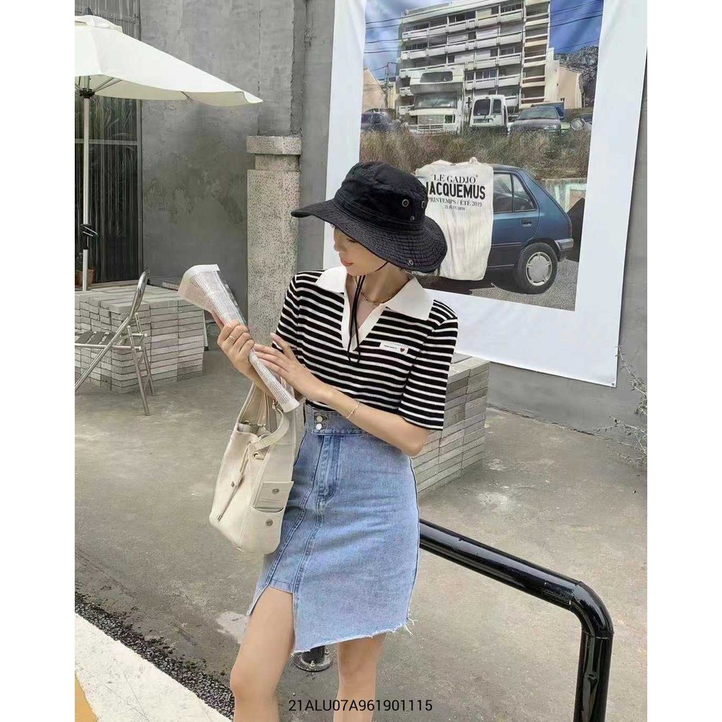 Áo len nữ tay ngắn cổ bẻ kẻ ngang in tim ulzzang thời trang nữ Fmstyle Saigon 21ALU07A961901-21ALU10A961603