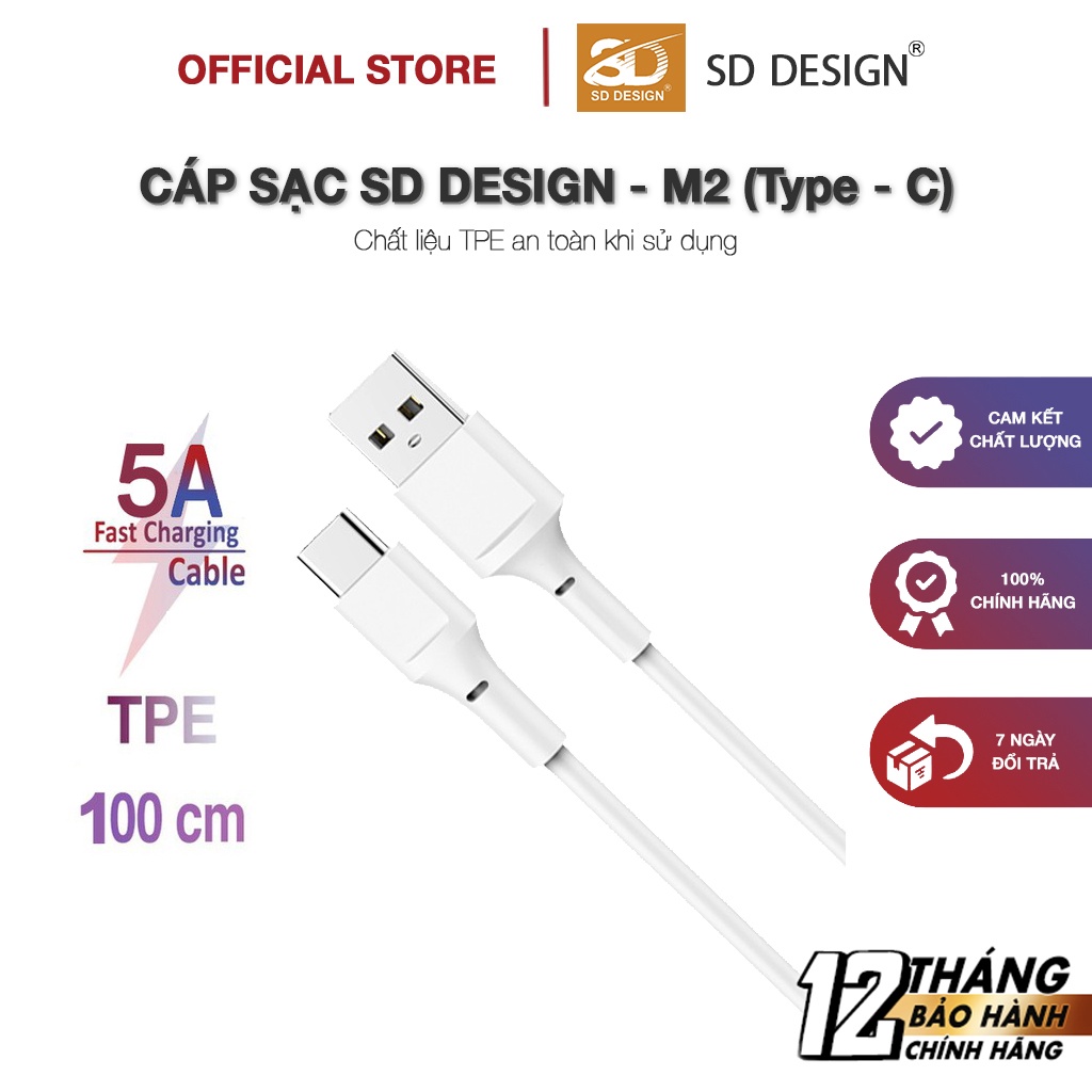 Cáp sạc Type C M2 chính hãng SD DESIGN Sạc ổn định, chất liệu cao cấp, dây dài 1M, bảo hành 1 đổi 1