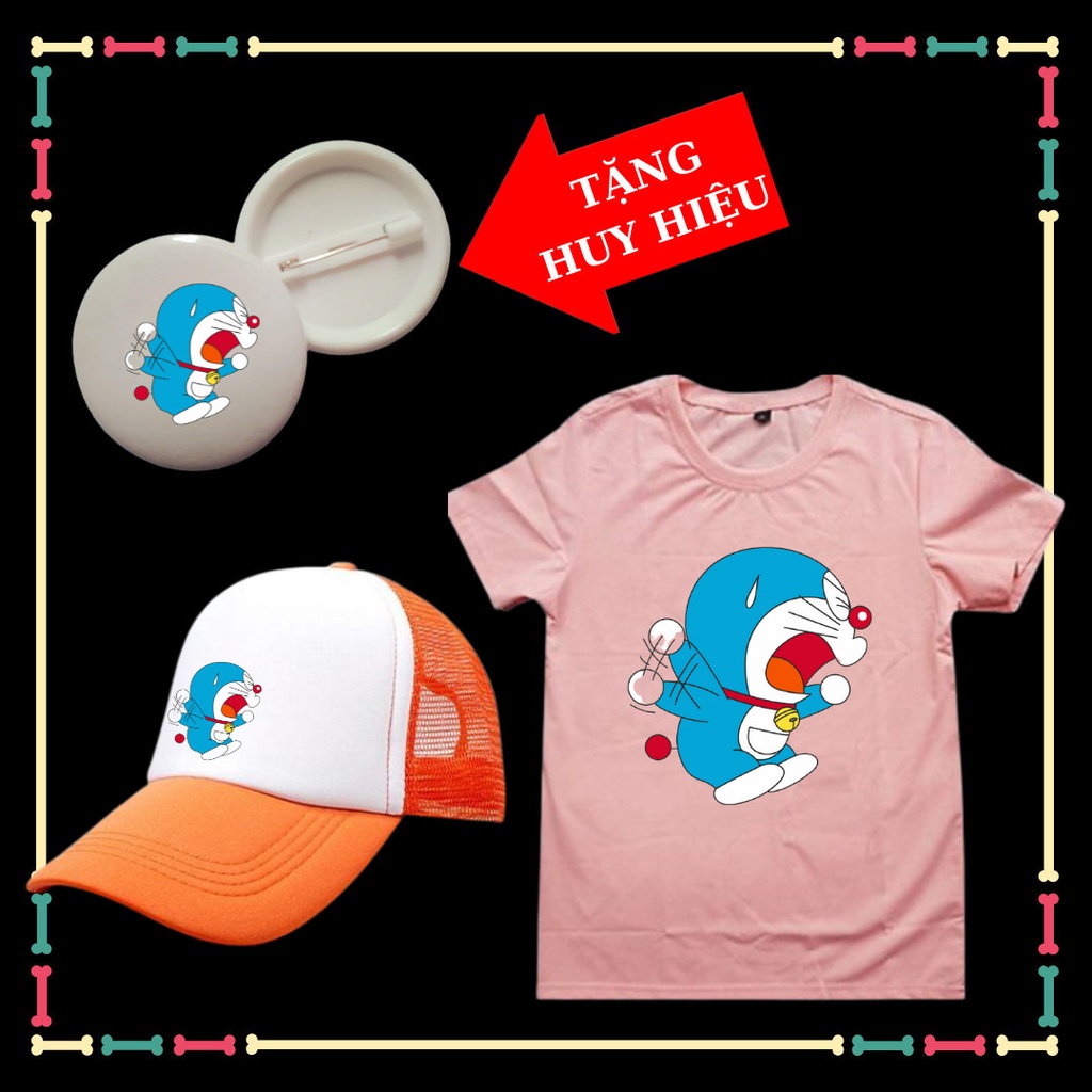 Tặng HUY HIỆU Doremon - Combo mũ áo phông Doremon cho bé trai bé gái xịn xò đủ màu sắc