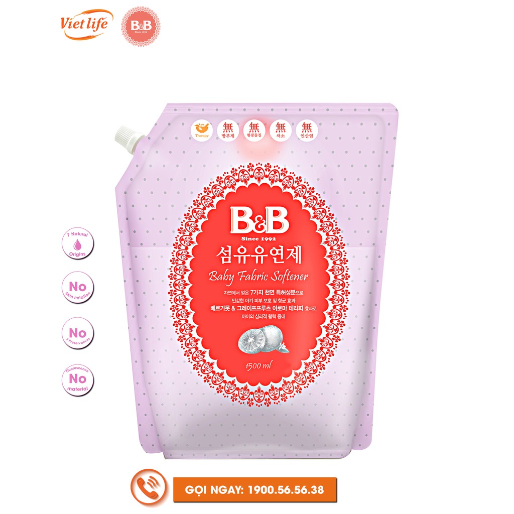 Nước xả vải dành cho bé hương cam Bergamot B&B túi 1500ml (B&B Baby Fabric Softener Bergamot Refill 1500ml)
