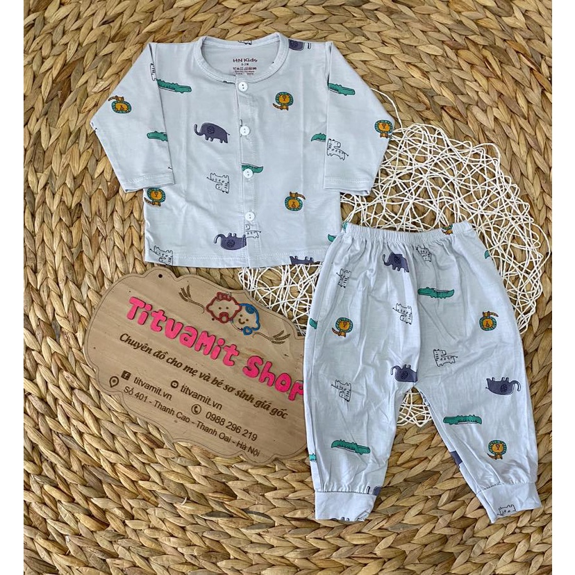 Bộ dài hnkids peptit cúc giữa màu họa tiết, bộ dài tay cho bé trai, bé gái