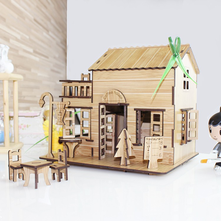 Đồ chơi lắp ráp gỗ 3D Mô hình Quán Café Coffe House - Tặng kèm đèn LED USB trang trí