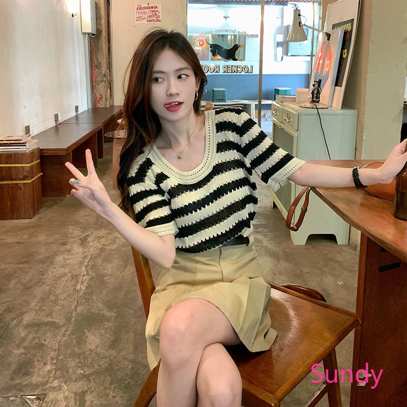 Áo Dệt Kim Cổ Tròn Dáng Rộng Họa Tiết Kẻ Sọc Thời Trang Mùa Hè Cho Nữ