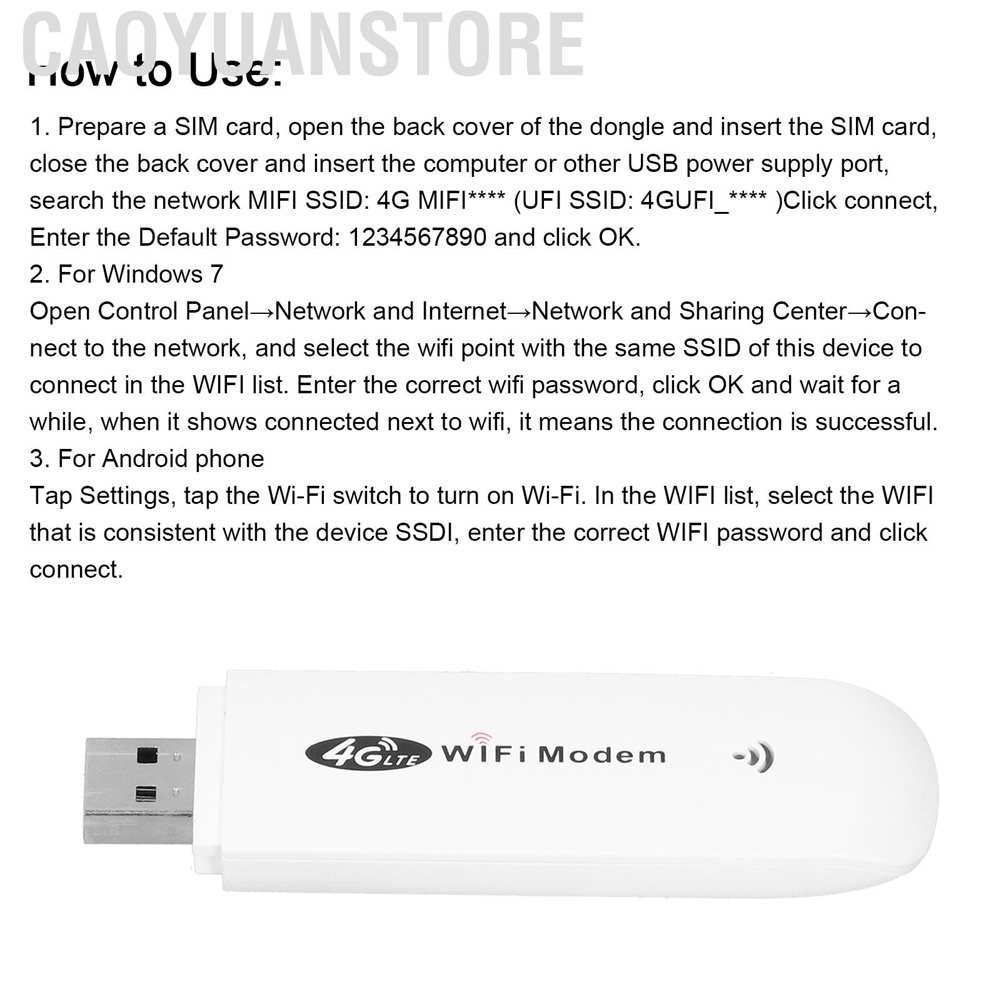 Caoyuanstore WiFi Modem Dongle 4G LTE TDD FDD GSM Car Wifi Mini Wireless Router with SIM Card Slot