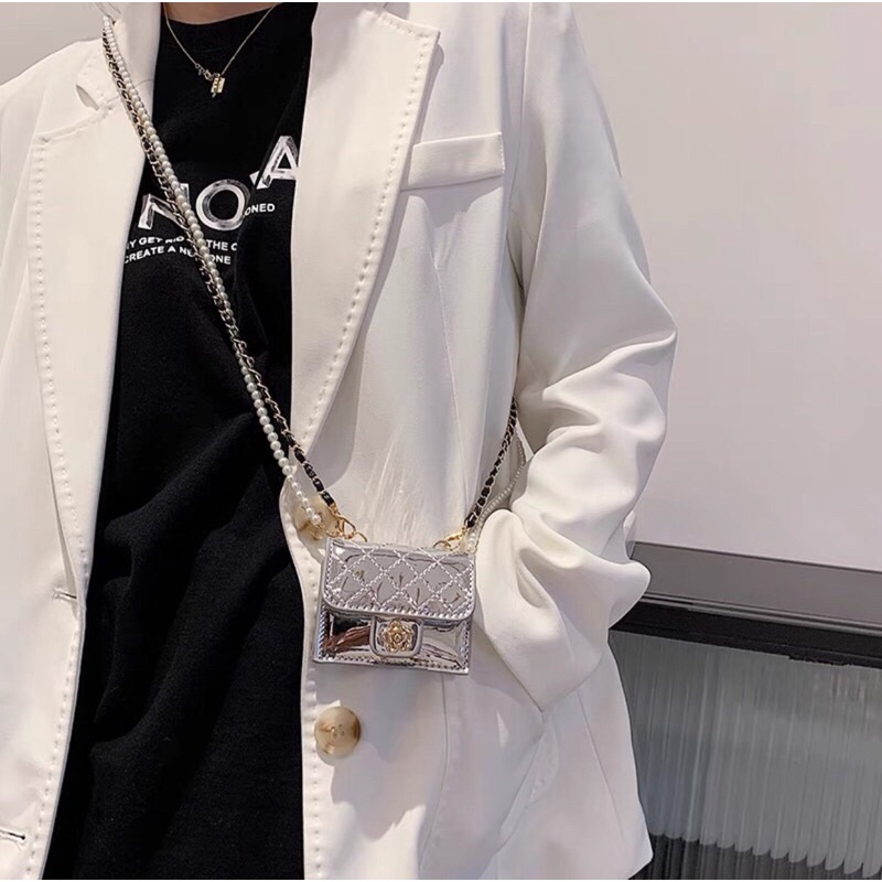 Túi Xách Nữ Đeo Chéo Mini Da Bóng Khoá Chữ X, Dây Ngọc kèm Dây Xích Da Xinh Xắn TTX10