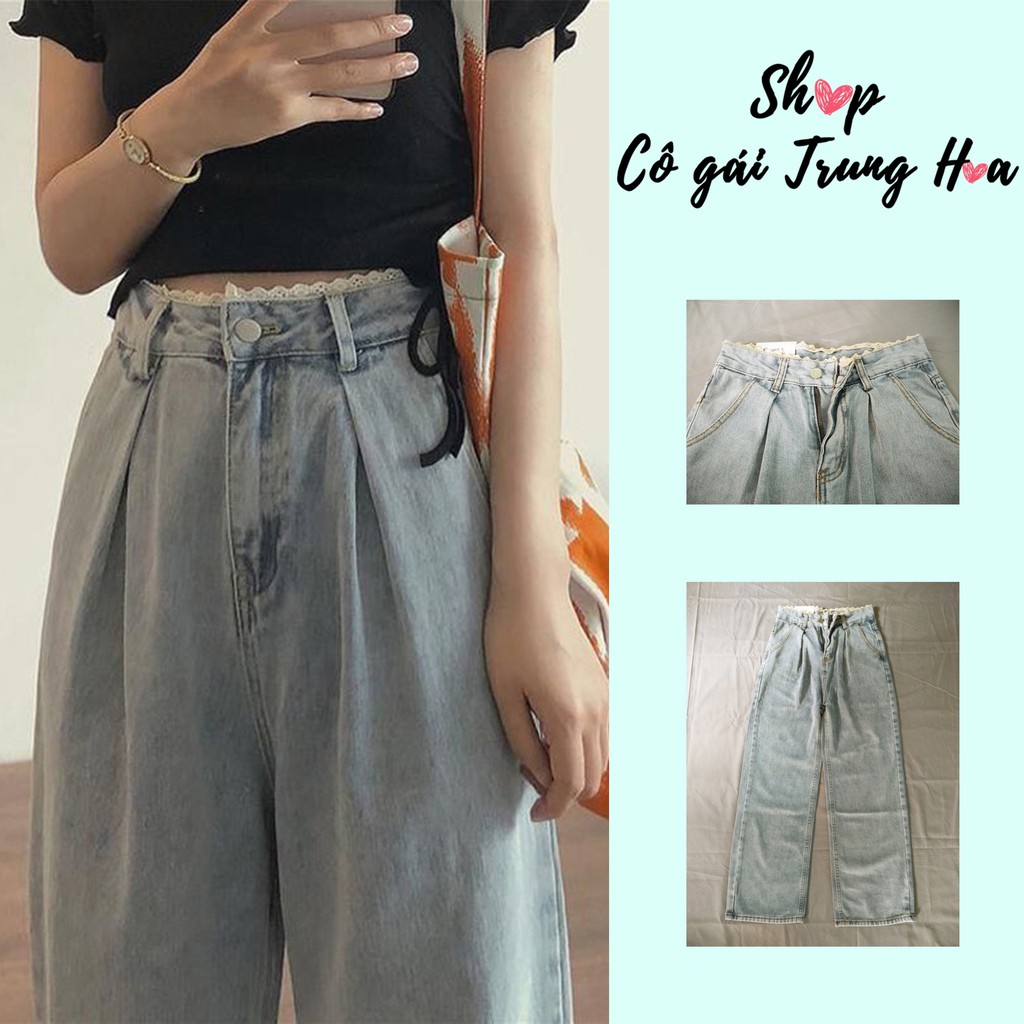 Quần bò jean ống suông đứng cạp viền ren