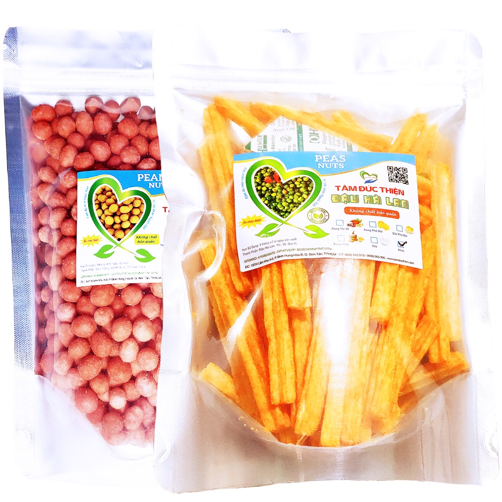 Combo 2 Túi: Đậu Phộng Da Cá Dâu Tây 500GR và Túi Bánh Khoai Tây Phô Mai Que &amp; Đậu Hà Lan 205GR Tâm Đức Thiện