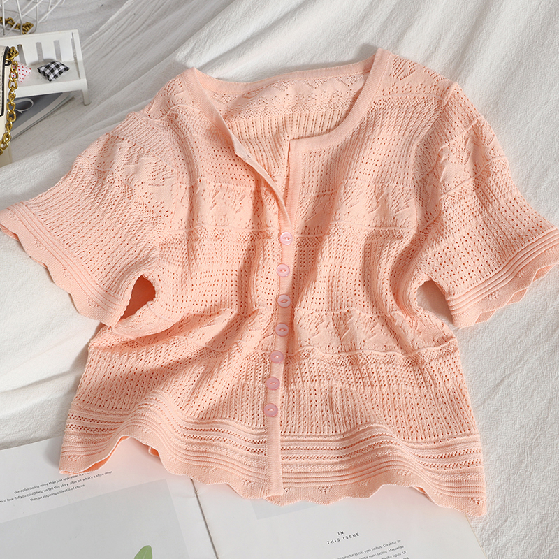 Áo Sweater Tay Ngắn Khoét Lỗ Phong Cách Hàn Quốc