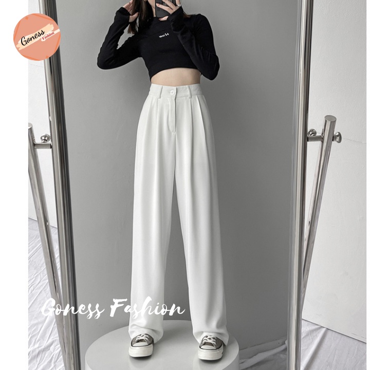 Quần ống rộng Goness 1 khuy lưng cạp cao baggy vải nữ dài suông loe culottes xuông nhiều màu QD01