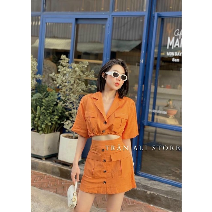 Sét bộ croptop nữ áo vest kết giây phối chân váy xòe hàng nút trẻ trung GKM