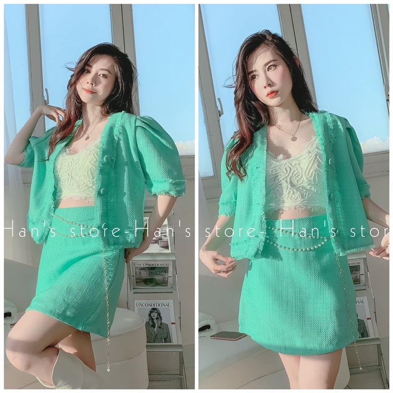(XẢ KHO) BỘ CHẤT TWEED ĐÁNH VIỀN XINH XẮN( ẢNH THẬT)