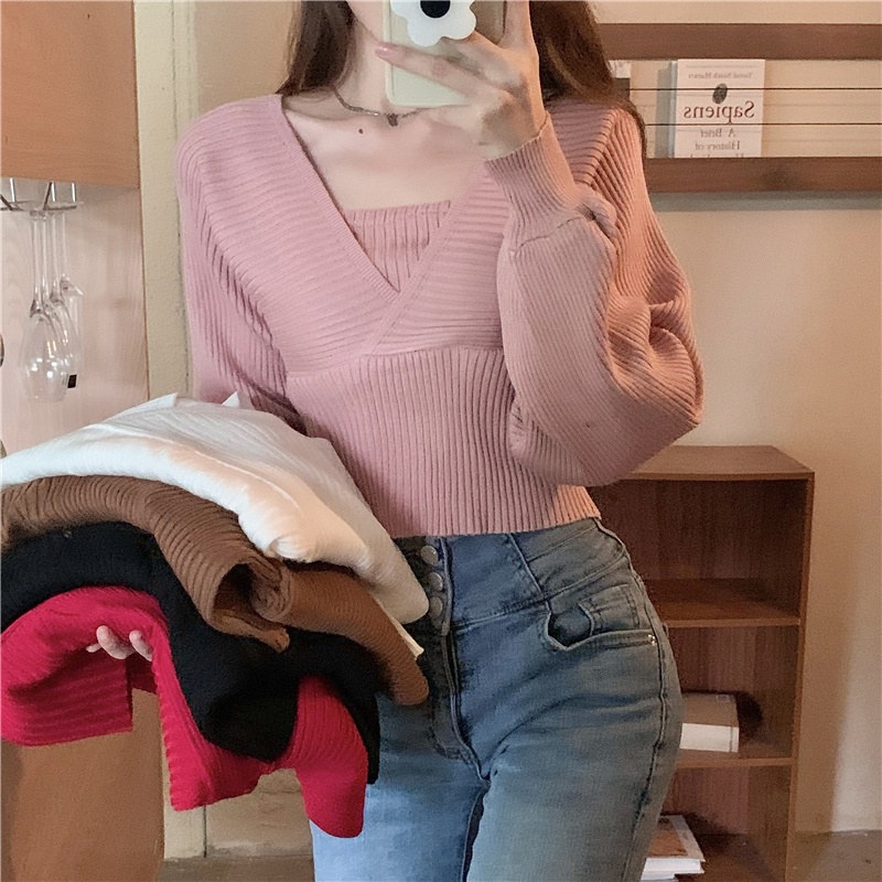 Áo Dệt Kim Tay Dài Trễ Vai Phong Cách Hàn Quốc Xinh Xắn