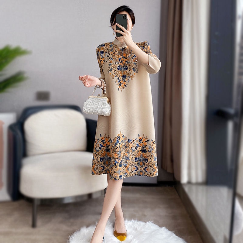 Issey Miyake Đầm Sườn Xám Cách Tân Dáng Rộng Xếp Ly Phong Cách Retro Trung Hoa Xinh Xắn