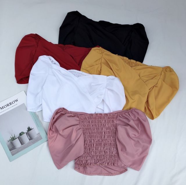 Áo CROPTOP tay phồng - Áo bẹt vai vải kate nhật dày đẹp