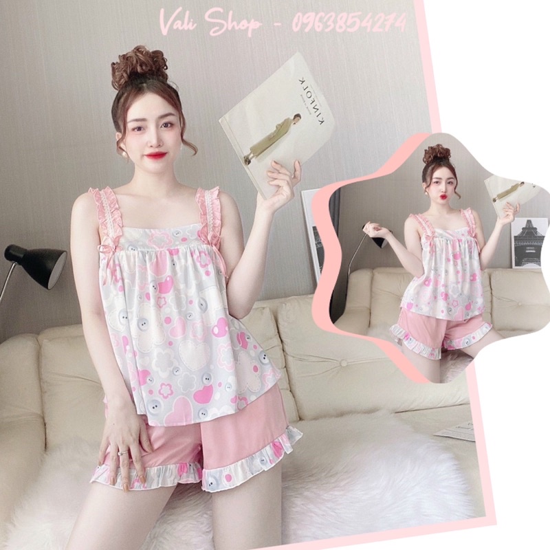 Đồ ngủ lụa latin áo dây bèo nơ ren quần đùi hoạ tiết freesize 42-57kg