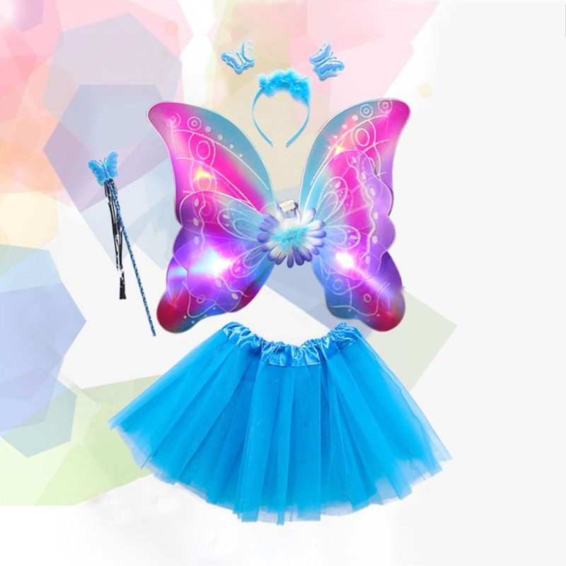 Set trang phục gắn đèn LED gồm váy tutu đôi cánh bướm đũa phép băng đô phong cách công chúa cho bé gái dùng biểu diễn