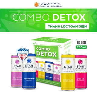 Combo 4 lon STAR KOMBUCHA mix vị - Detox Pack (250ml/lon) - Trà lên men vi sinh chứa probiotics giúp bảo vệ sức khoẻ