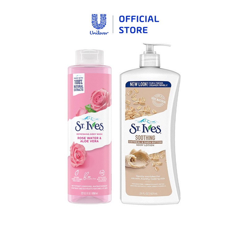 Combo Sữa tắm St.ives Hoa Hồng và Lô Hội 650ml&Sữa dưỡng thể St.Ives Yến mạch và bơ 621ml