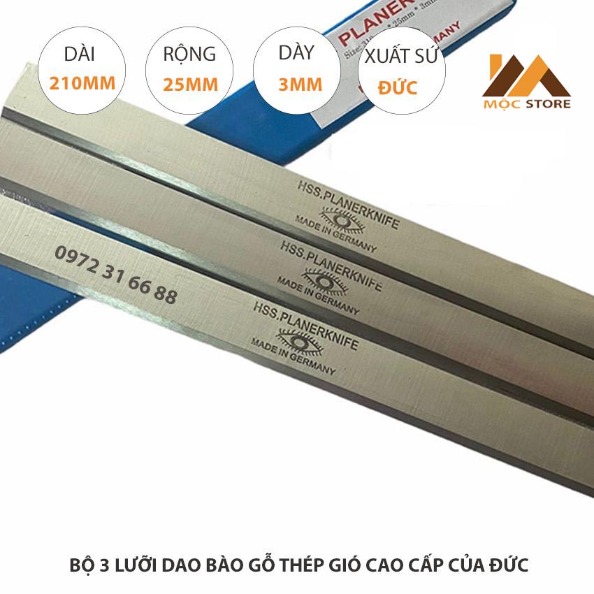 BỘ 3 LƯỠI DAO BÀO GỖ THÉP HSS CAO CẤP 210x25x3MM CỦA ĐỨC - LƯỠI DAO BÀO CON MẮT
