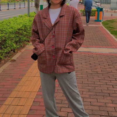 áo blazer hai lớp sọc caro màu đỏ vintage