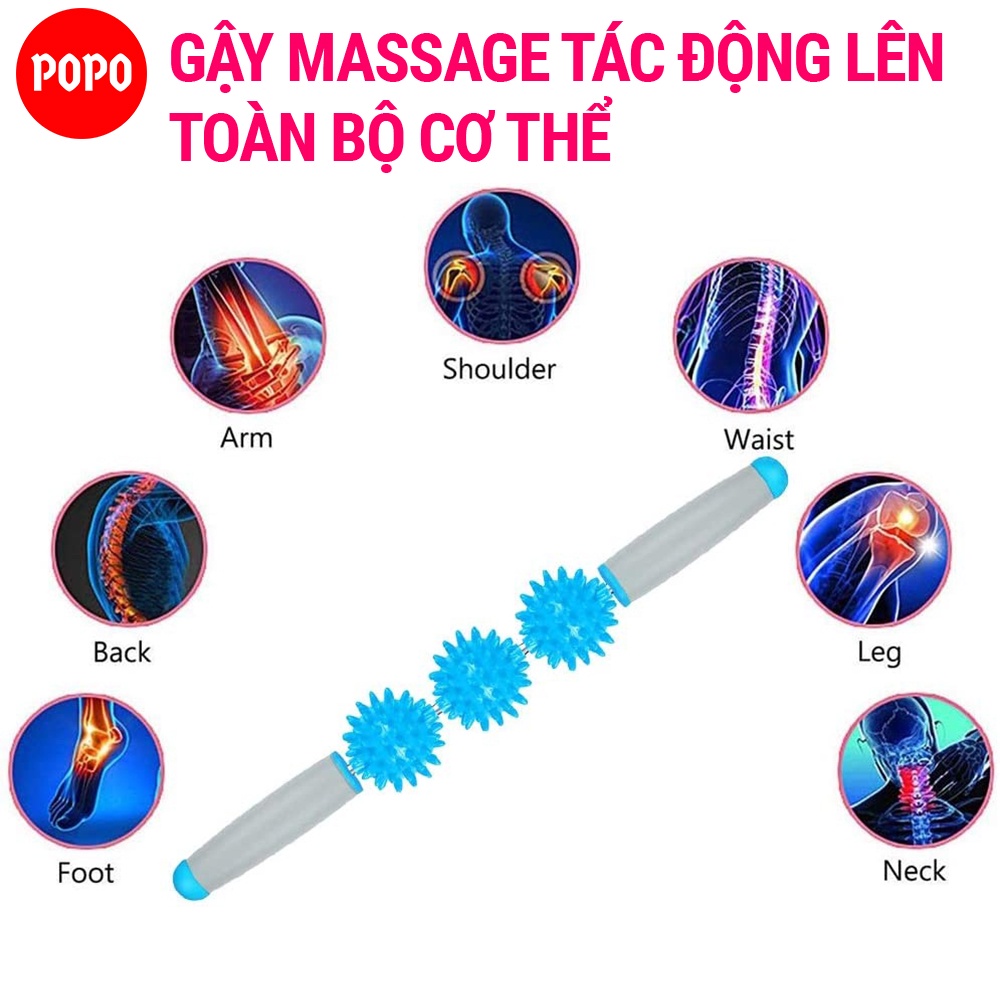 Gậy lăn massage bóng gai thư giãn cơ bắp, thanh massage 3 bóng, 5 bóng gai lăn giảm đau nhức, mát xa toàn thân POPO