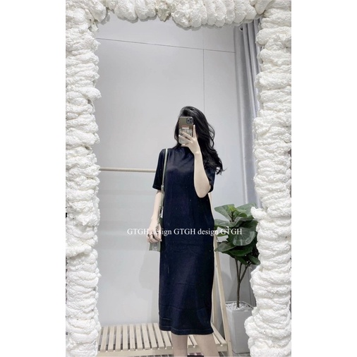 Váy len suông chất mềm ngắn tay cổ mềm cao, Đầm len dáng rộng Vl1812 - NhiNhi Shop
