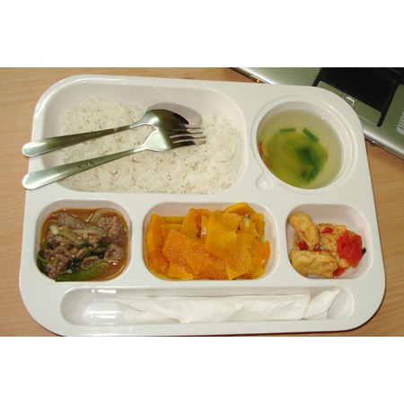 Khay cơm phần 33 × 26 ×6 cm cao, học sinh, xuất ăn công nghiệp bằng melamine/plastic có 2 nắp đậy
